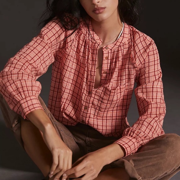 Anthropologie Blouse Pilcro Pink Plaid Button-Down 1X XL - Picture 5 of 7